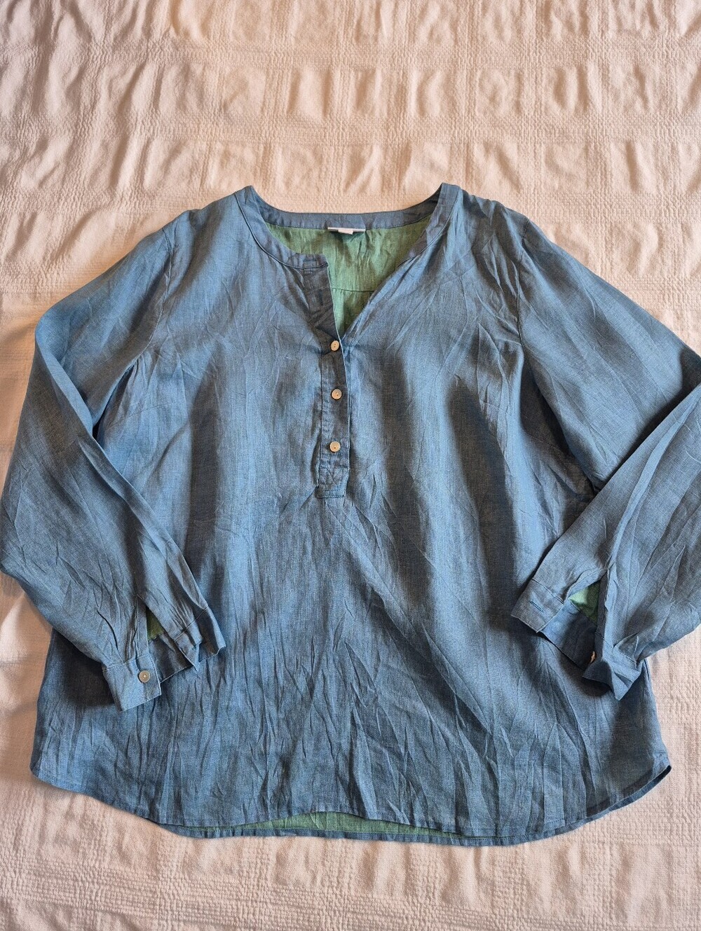 J. Jill women's Large Love Linen line blue long sleeve blouse EUC